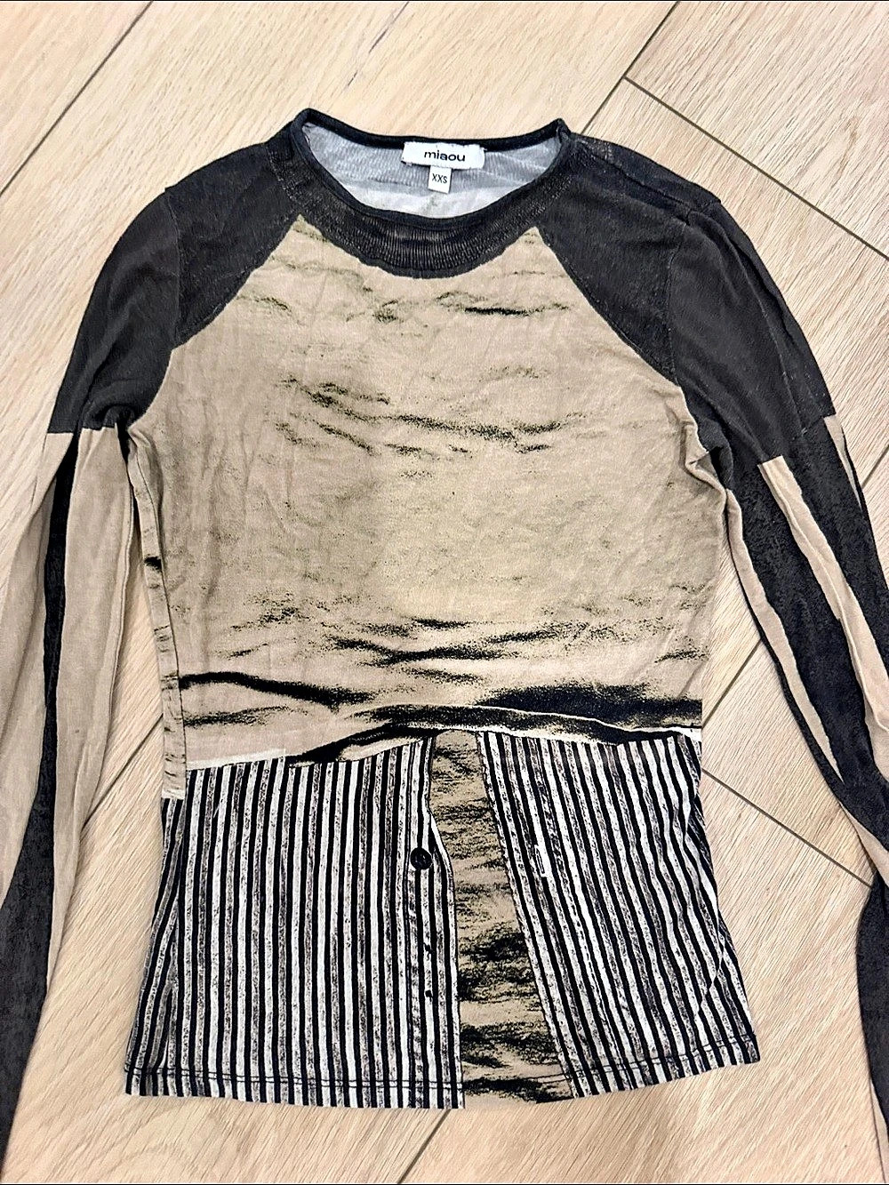 miaou Long Sleeve Crewneck Tee Striped Top Black & Beige XXS